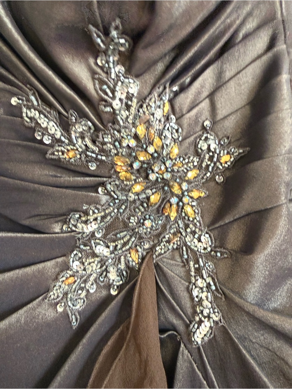 Embellished Charcoal Grey Maxi Dress with Gold Crystal Detail